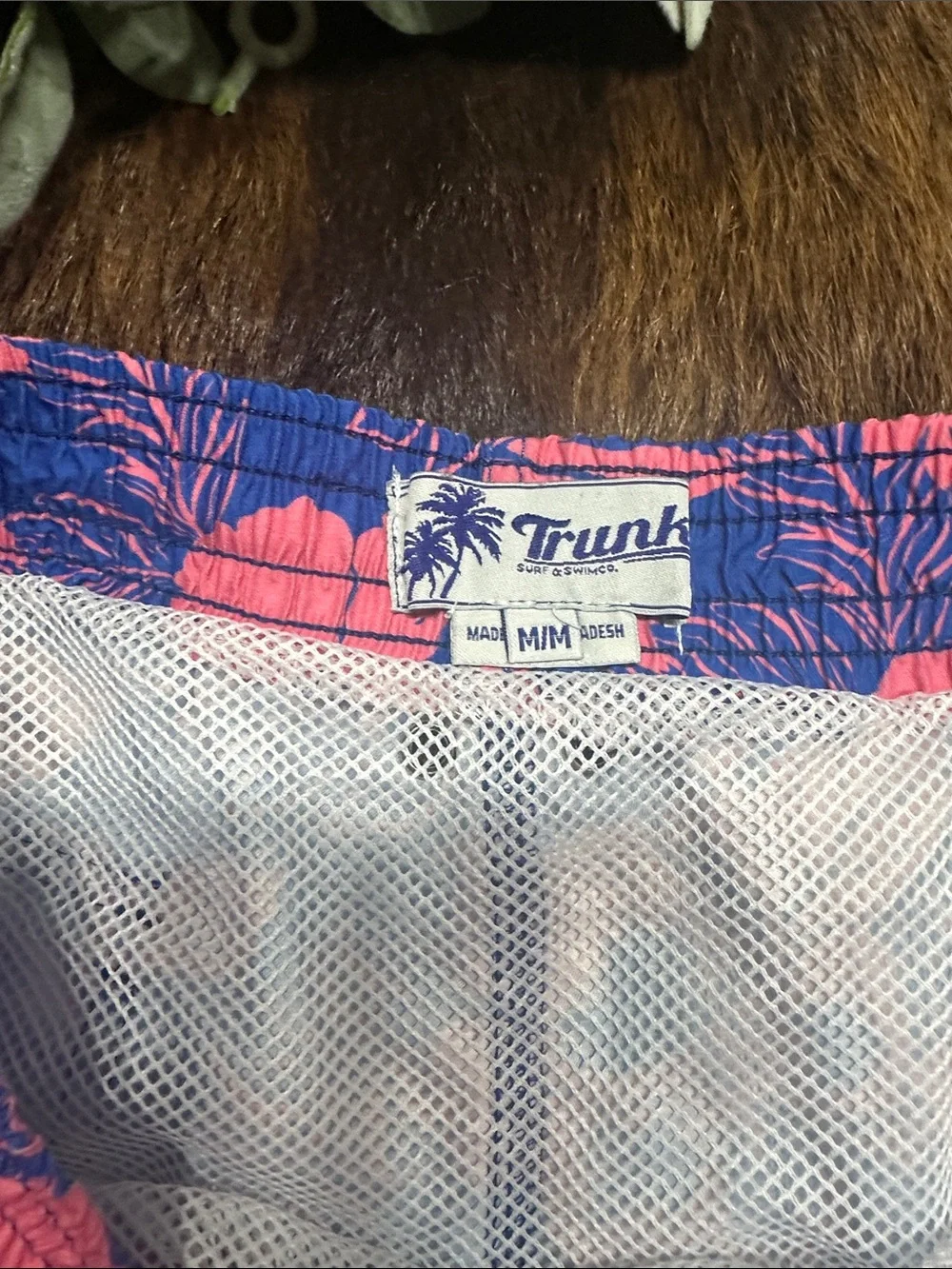 NWT Trunks Men’s Blue Swim Trunks with Pink Tropical Print